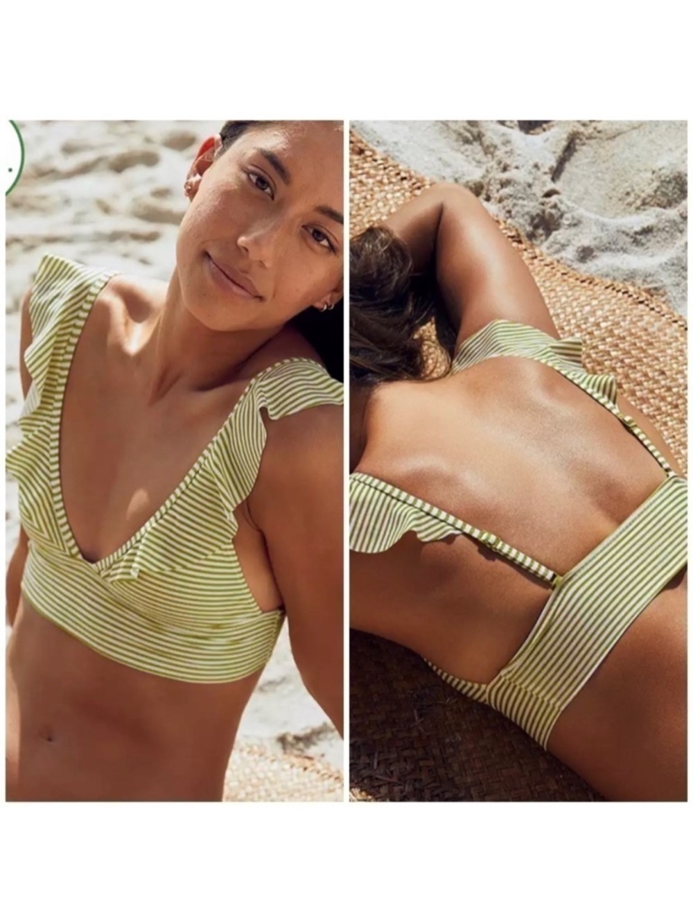 AERIE Ruffle Longline Bikini Top in Striped Loca Verde